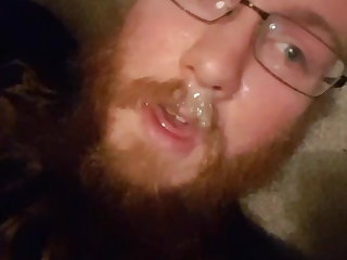 Bukkake bearded boy cums all over his face