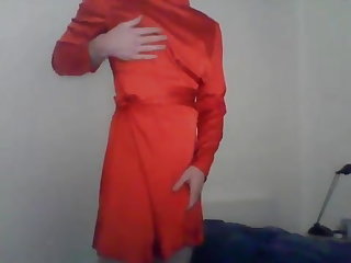 Sexy crossdresser cuming on satin red dress
